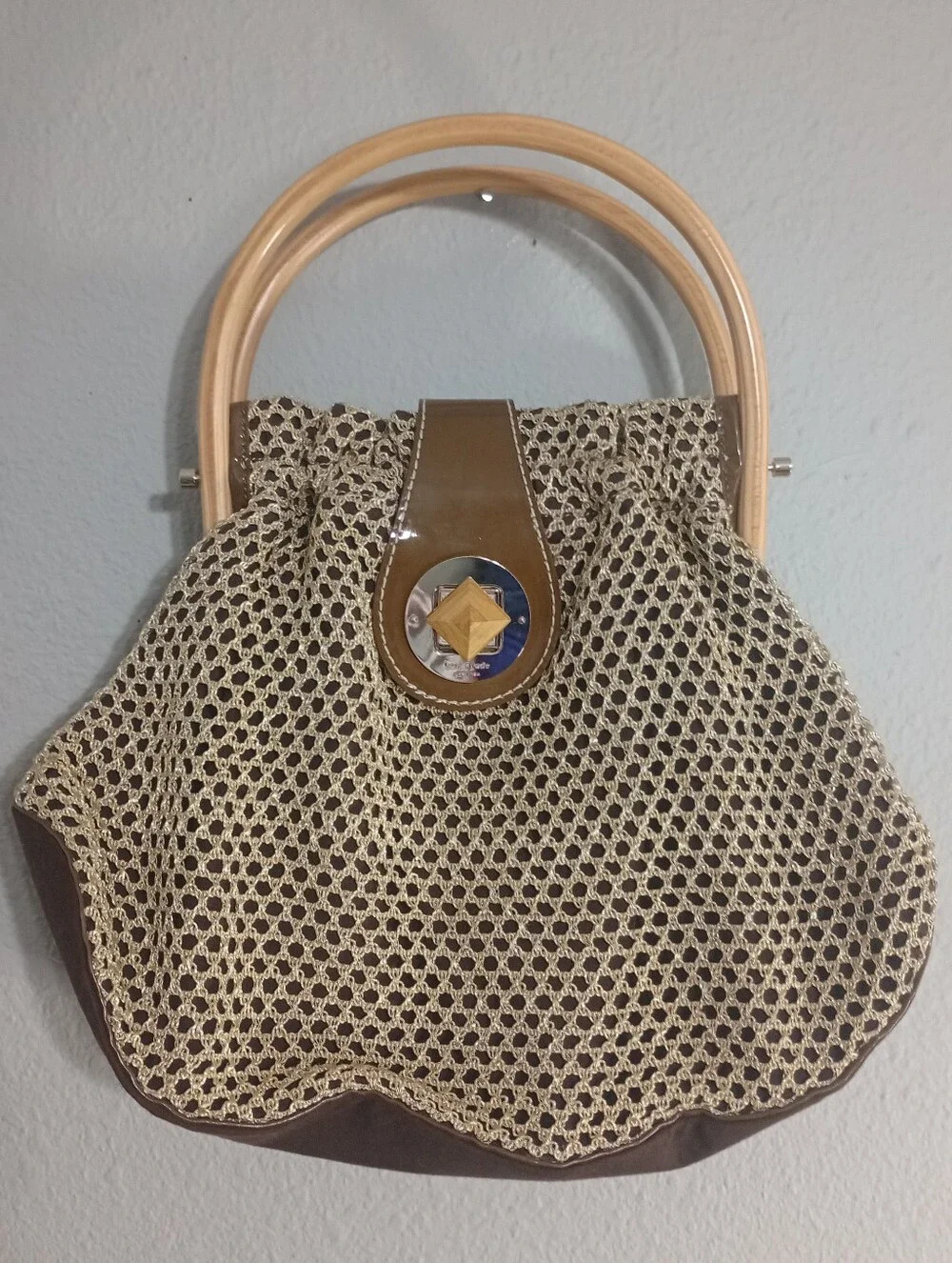 Kate Spade Wooden Handle Metallic Gold Mesh Hand Bag